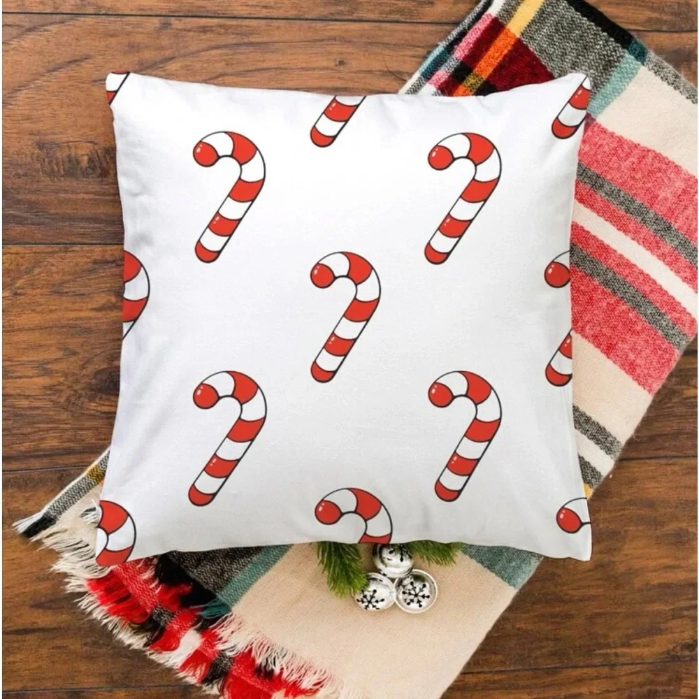 Christmas Cane Print Cushion Cover Without Filler. 4 Set